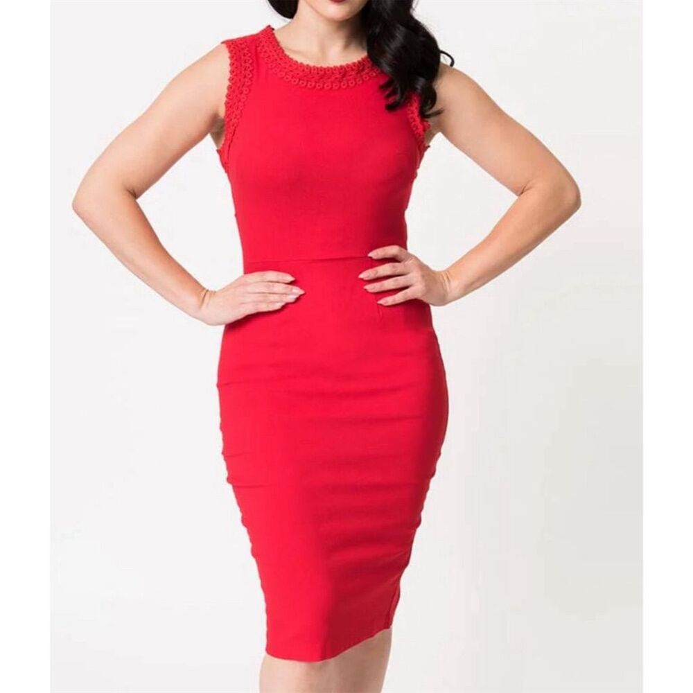Unique Vintage Red Sleeveless Crochet-Trim Midi Dress
